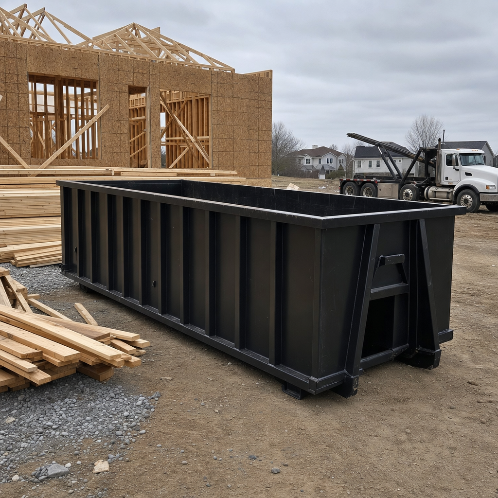 Matte-black 40-yard roll-off dumpster staged on a framed-out residential construction site in Orem, framing lumber stacked nearby, hooklift delivery truck visible in the background under bright Colorado daylight