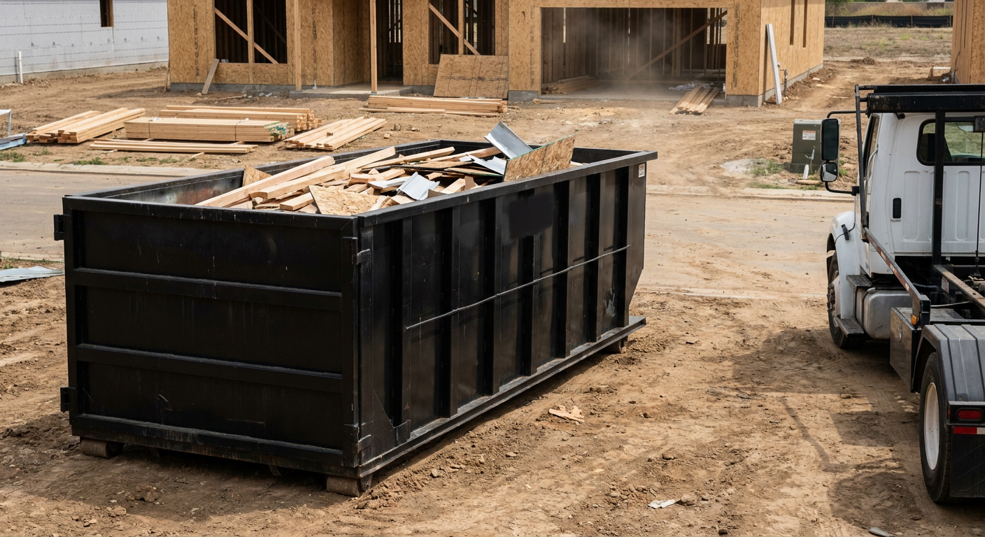 Matte-black 20-yard roll-off construction dumpster with heavy ribbed steel sidewalls and swing rear doors at a working jobsite in Orem, sitting directly on compacted dirt with an unmarked white hauler partially visible at the far edge of the frame.