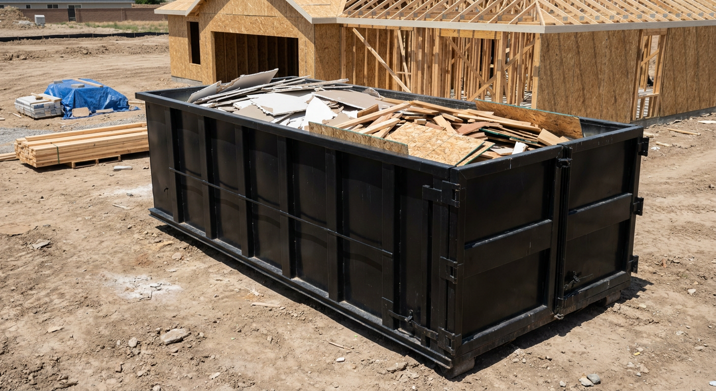 Matte-black 30-yard roll-off construction dumpster sitting directly on the compacted-dirt site of a framed single-family home build in Orem, drywall and lumber scrap loaded inside.