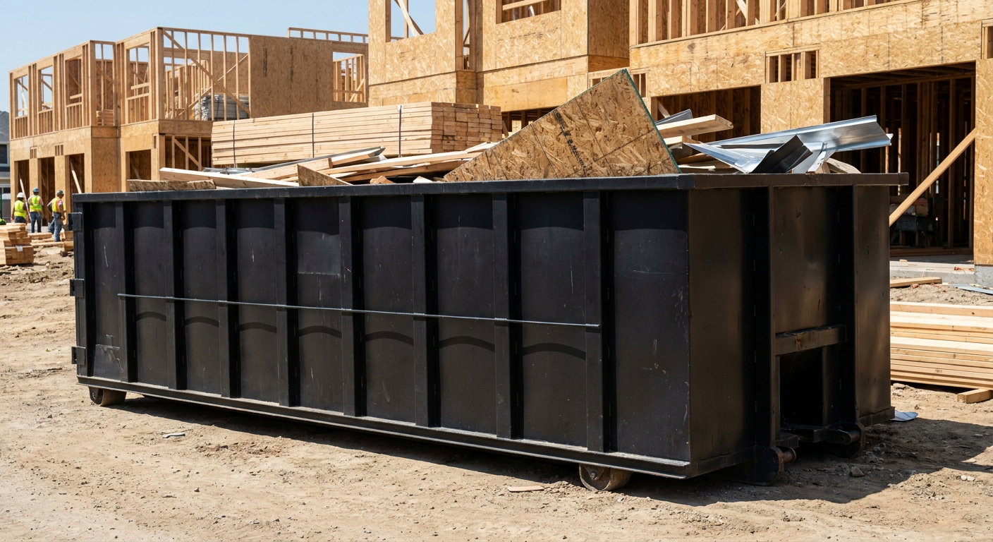 Matte-black 40-yard roll-off construction dumpster being lowered from a white-cab hooklift delivery truck onto the compacted-dirt jobsite at a commercial build site in Orem