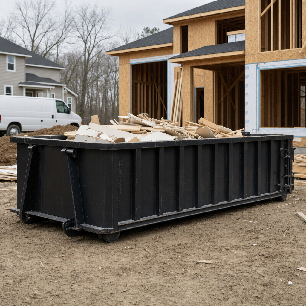 Worker in a yellow high-visibility vest tossing framing lumber and broken drywall into a matte-black 30-yard construction roll-off dumpster on an active build site in Orem, bright daylight