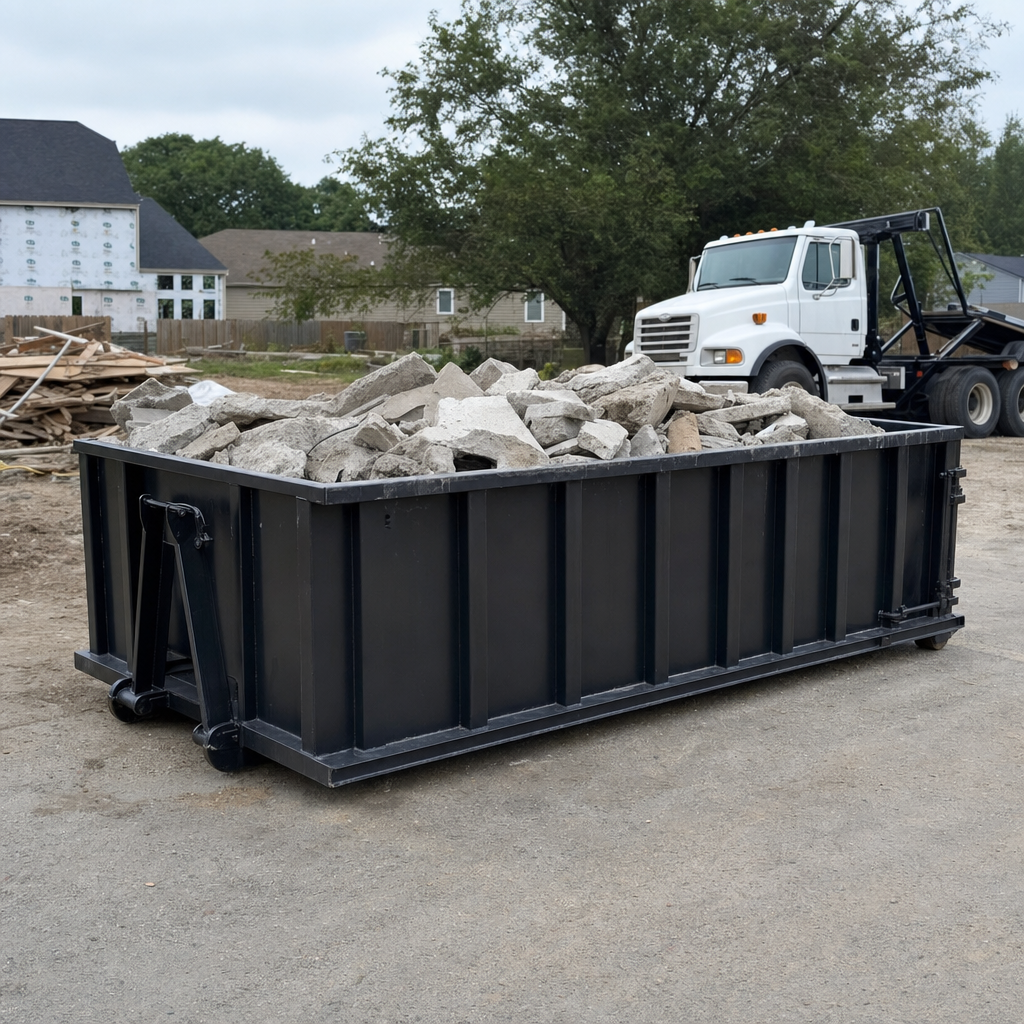 Low-profile matte-black lowboy roll-off dumpster loaded with broken concrete slab and rebar at a foundation tear-out in Orem, skid steer parked beside it, sunny Colorado morning
