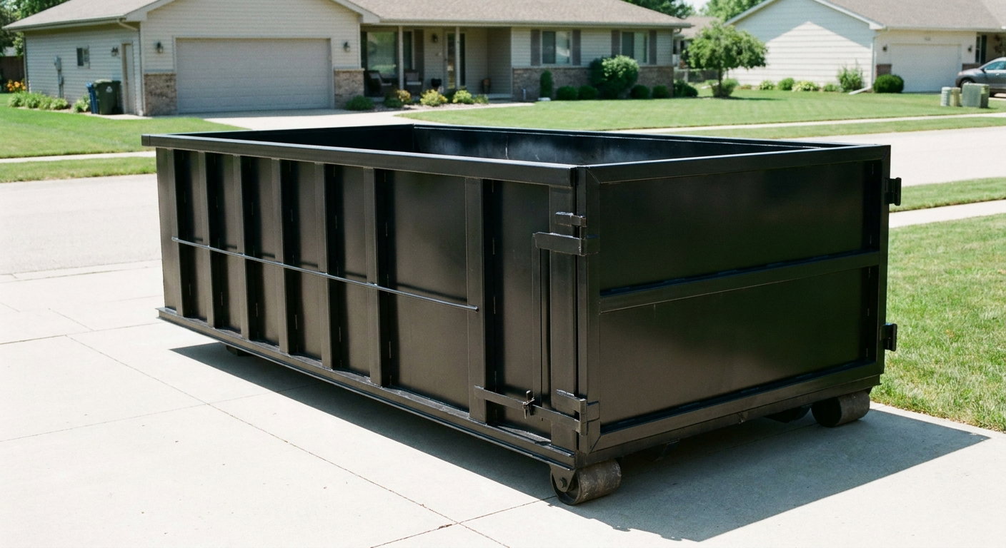 Matte-black 10-yard roll-off dumpster on a residential concrete driveway in Orem, uniformly painted matte black across every panel and rail, ribbed steel sidewalls and rear swing door visible, mid-day daylight.