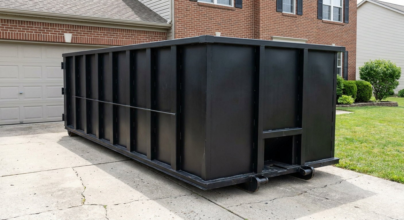 Matte-black 20-yard roll-off container on a Orem residential concrete driveway with reinforced ribbed steel sidewalls and a hinged rear walk-in door, clean bright daylight.