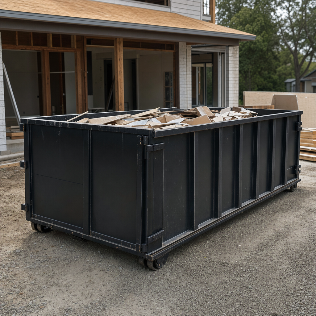 Large matte-black 30-yard construction roll-off dumpster at an active Orem jobsite, steel-gray top rails and bottom rollers visible, loaded with construction debris.