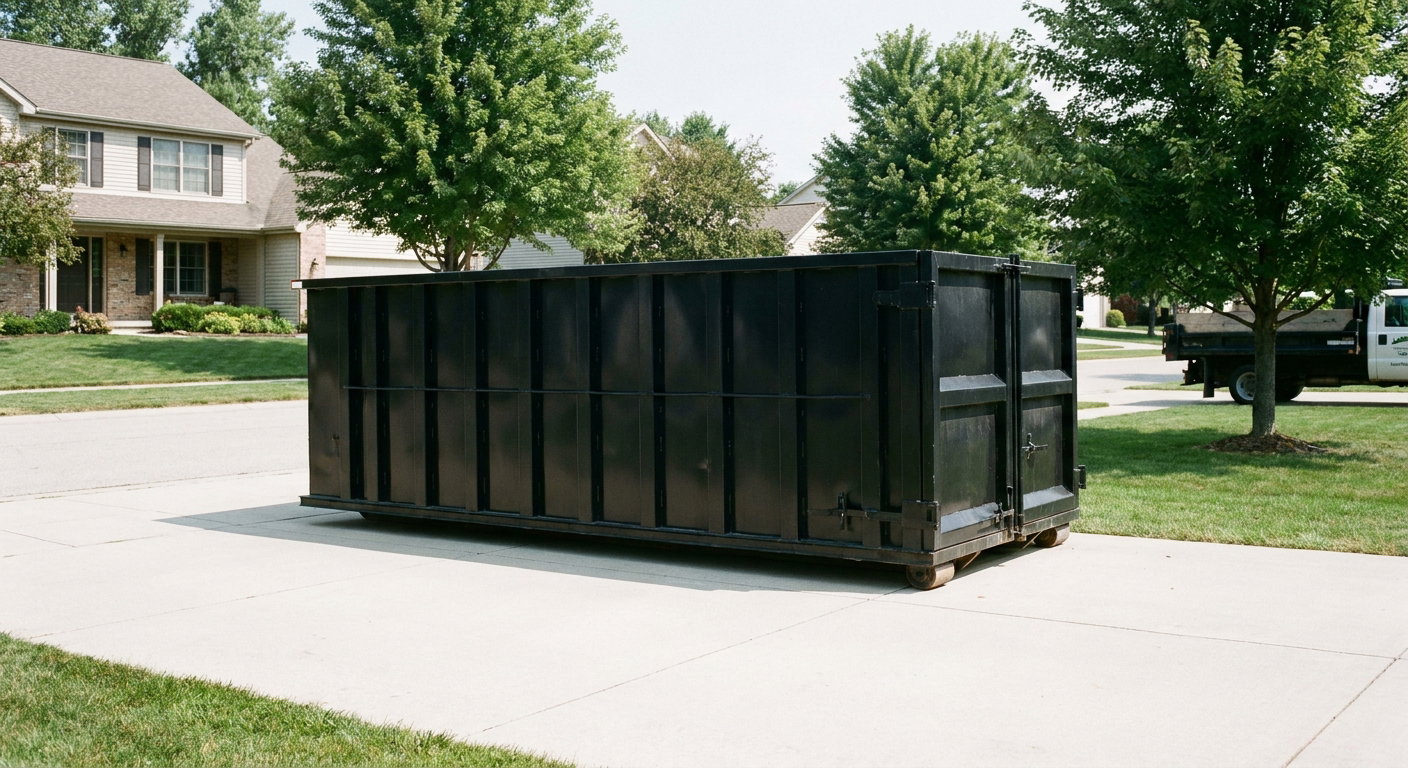 Matte-black 20-yard roll-off dumpster sitting level on a clean Orem residential concrete driveway under bright daylight, demonstrating clean placement directly on the concrete.
