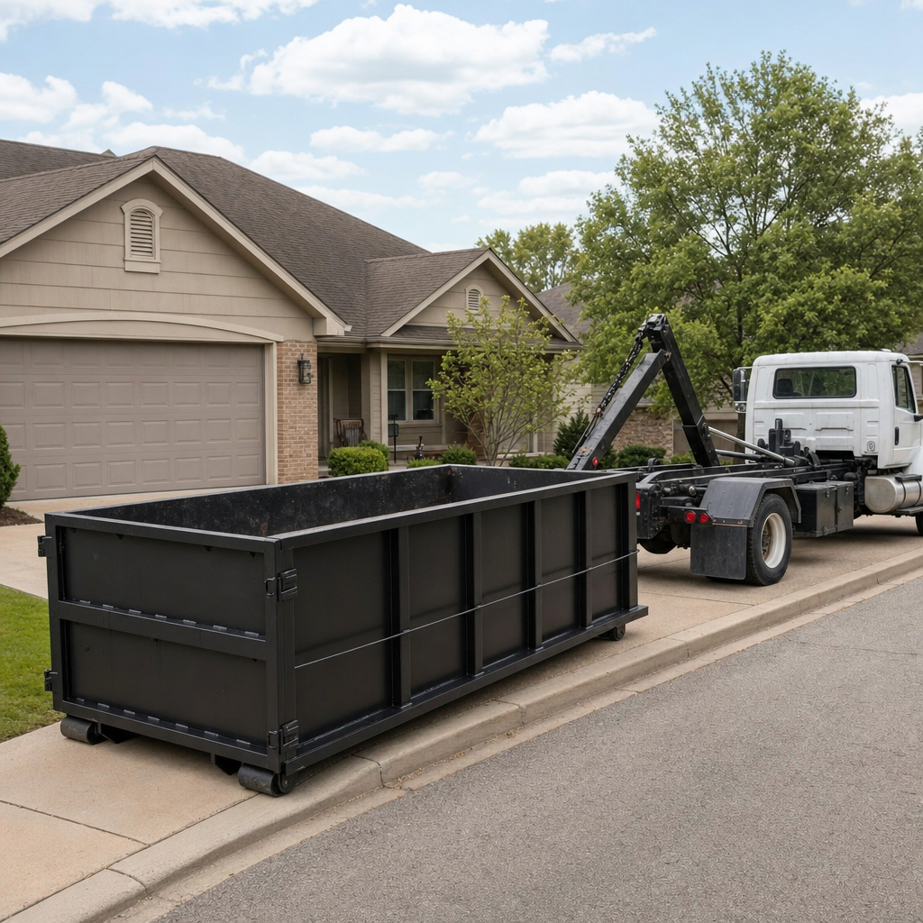 Wide documentary shot of a matte-black roll-off dumpster on a Orem residential driveway in the foreground and a contractor jobsite container in the soft-focus background, bright daylight, calm and orderly composition.