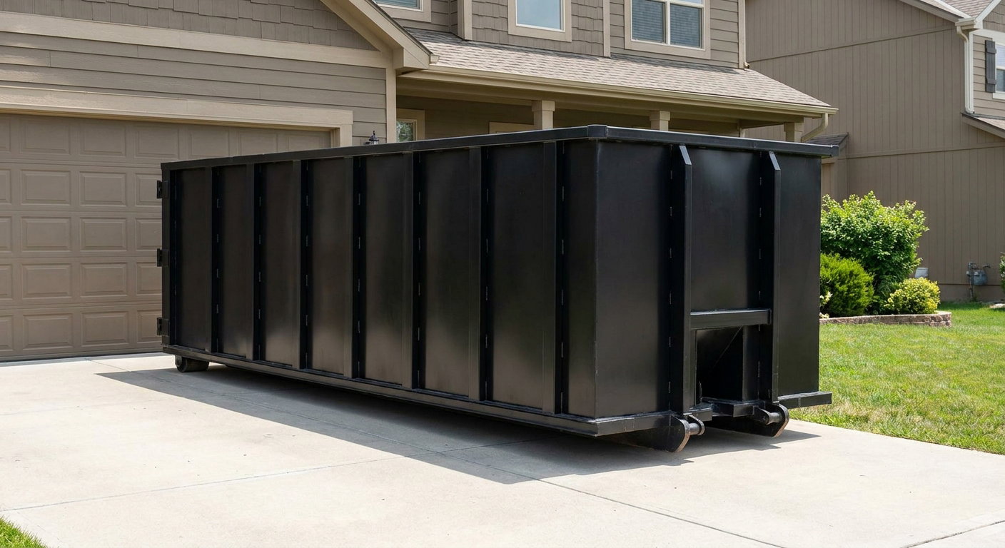 Matte-black residential roll-off dumpster sitting directly on a suburban Orem concrete driveway, garage door closed, single-family home in background, bright morning daylight.