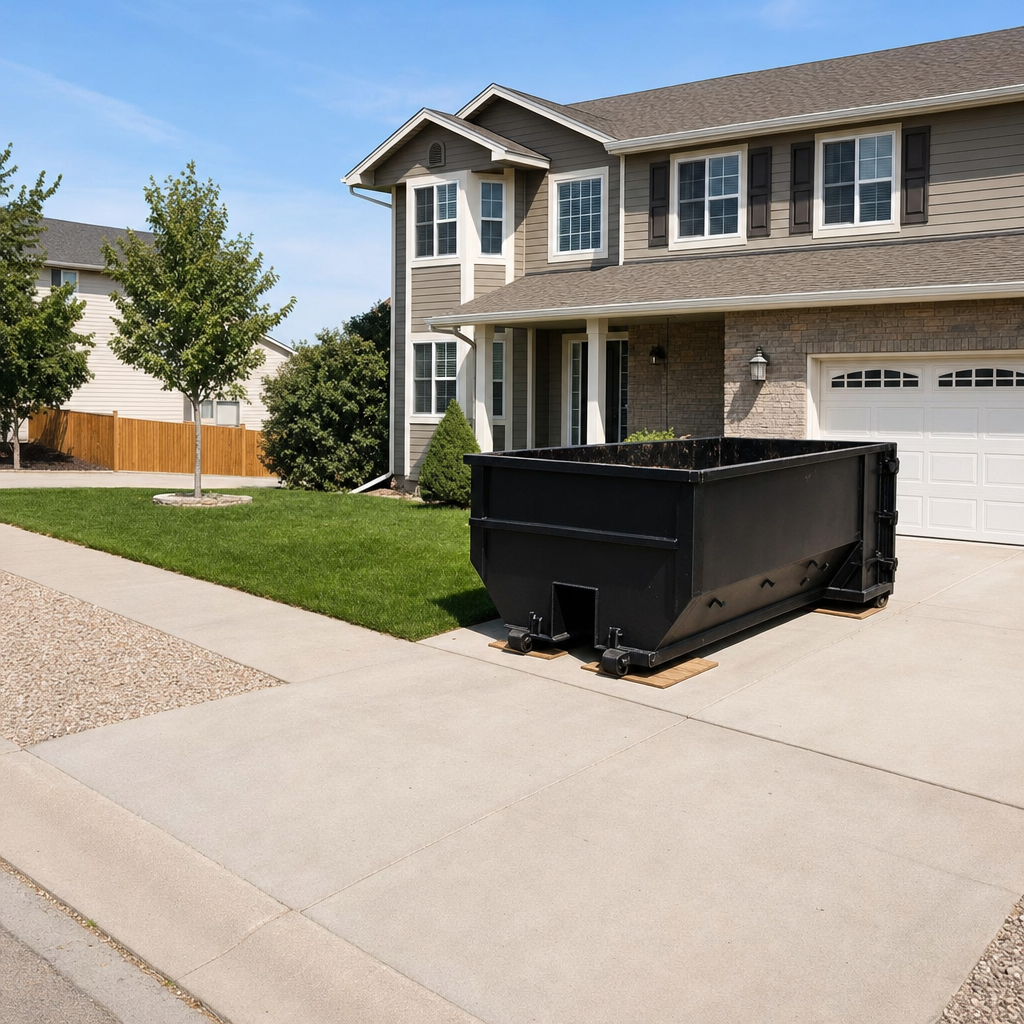 10-yard matte-black residential dumpster placed directly on a narrow Orem concrete driveway, room remains for a parked sedan beside it, mid-morning natural light