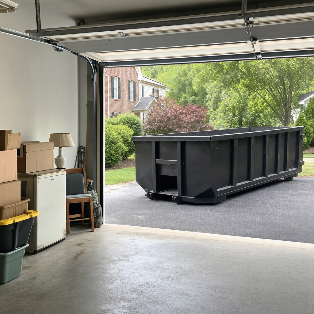 Open garage interior in a Orem home mid-cleanout — boxed items, an old appliance, and stacked yard tools queued near the driveway for a matte-black roll-off dumpster, organized and calm