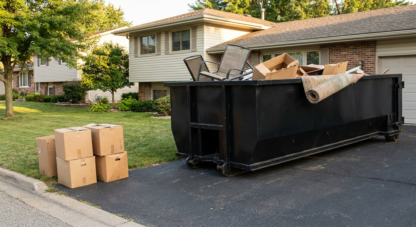 Front-yard view of a Orem split-level home with a 20-yard matte-black roll-off dumpster sitting directly on the asphalt driveway, a few clearly labeled donation boxes staged at the curb, calm sunny afternoon.
