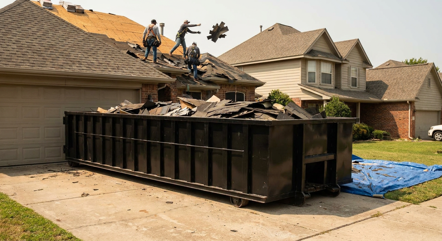 Matte-black roofing roll-off dumpster placed directly on a Orem residential concrete driveway, a tear-off crew on a two-story asphalt-shingle roof tossing shingle bundles into the low-walled container, bright daylight, documentary 35mm perspective.