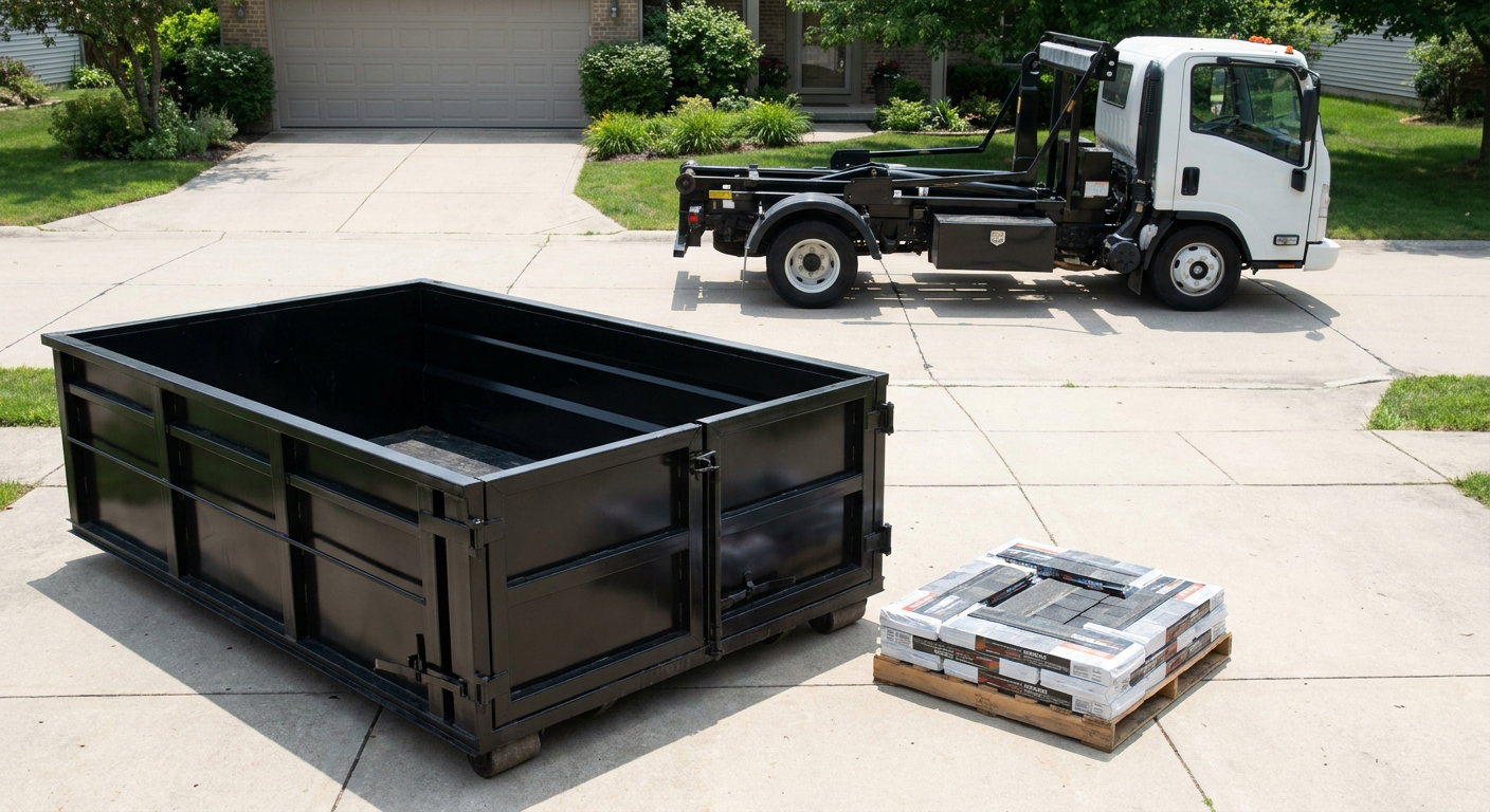 Matte-black 15-yard roofing roll-off dumpster with reinforced low side walls sitting directly on a Orem residential concrete driveway, three-tab asphalt shingle bundles stacked nearby, an unmarked white hauler truck partially visible at the edge of the frame.