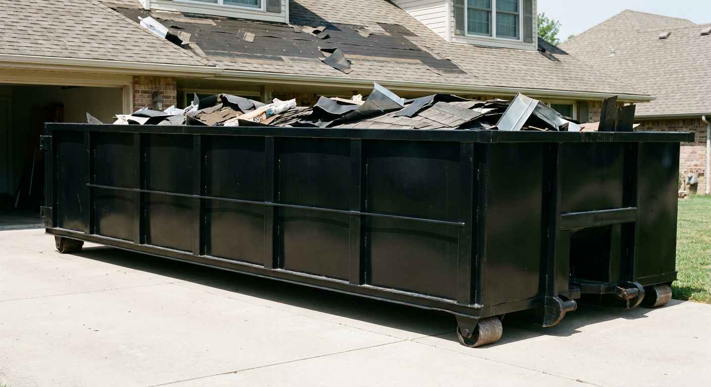 Matte-black 20-yard roofing roll-off dumpster with steel ribbed sides and swinging rear door, sitting directly on the concrete driveway of a two-story Orem home, asphalt shingle debris being loaded over the low wall, clean documentary lighting.