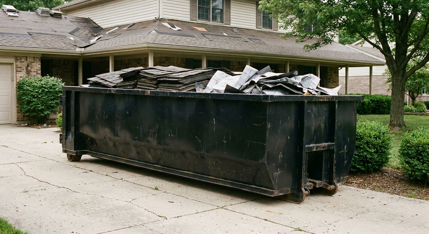 Matte-black 30-yard roofing roll-off dumpster sitting directly on a Orem concrete driveway, taller ribbed steel side panels, mixed tear-off debris of asphalt shingles and underlayment inside, professional documentary daylight.