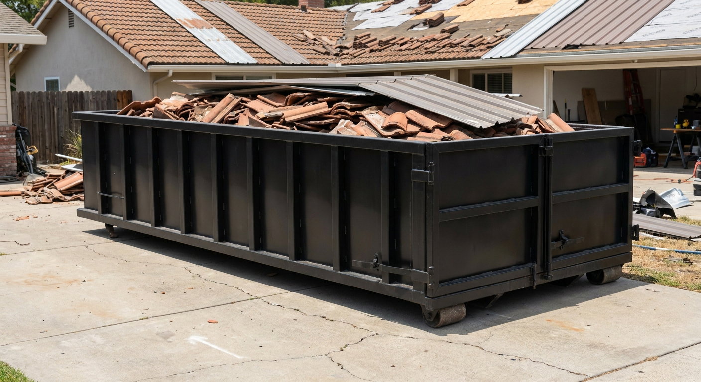 Matte-black low-wall heavy-debris roofing roll-off dumpster sitting directly on a Orem concrete driveway, broken concrete clay roof tiles and metal panel sections loaded inside, reinforced ribbed steel side walls visible, bright outdoor daylight.