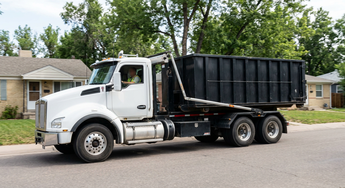 A wide documentary shot of a matte-black roll-off delivery truck pulling onto a quiet Orem residential street at mid-morning, with neighborhood rooftops and tree-lined blocks visible behind, showing the metro coverage footprint.