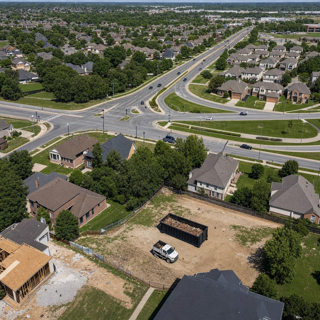 An overhead documentary view of the Orem metro area at midday, showing the spread of neighborhoods, arterial roads, and the dispatch radius from a central yard — clean daylight, organized geographic layout.