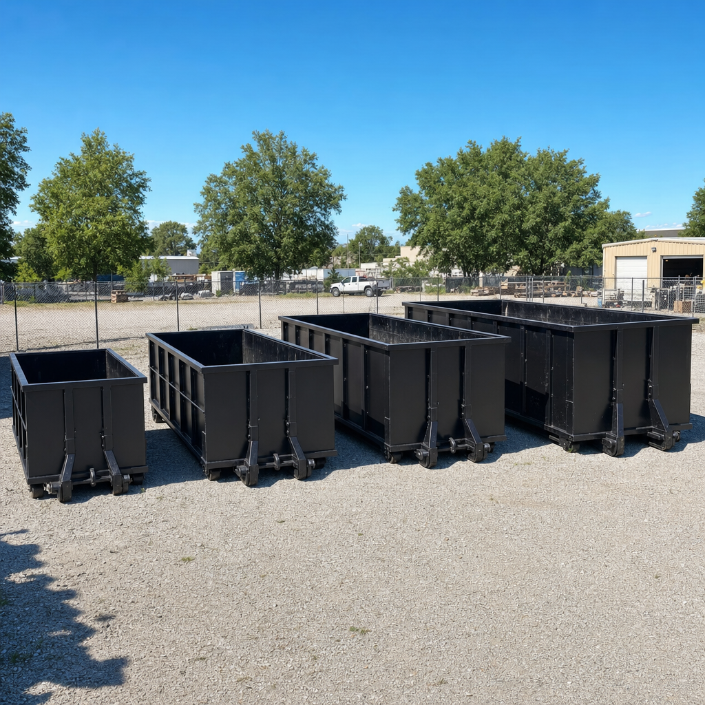 A clean lineup of matte-black roll-off dumpsters in 10, 20, 30, and 40-yard sizes staged on a sunlit gravel yard in Orem, showing the size progression from compact to commercial-scale containers.