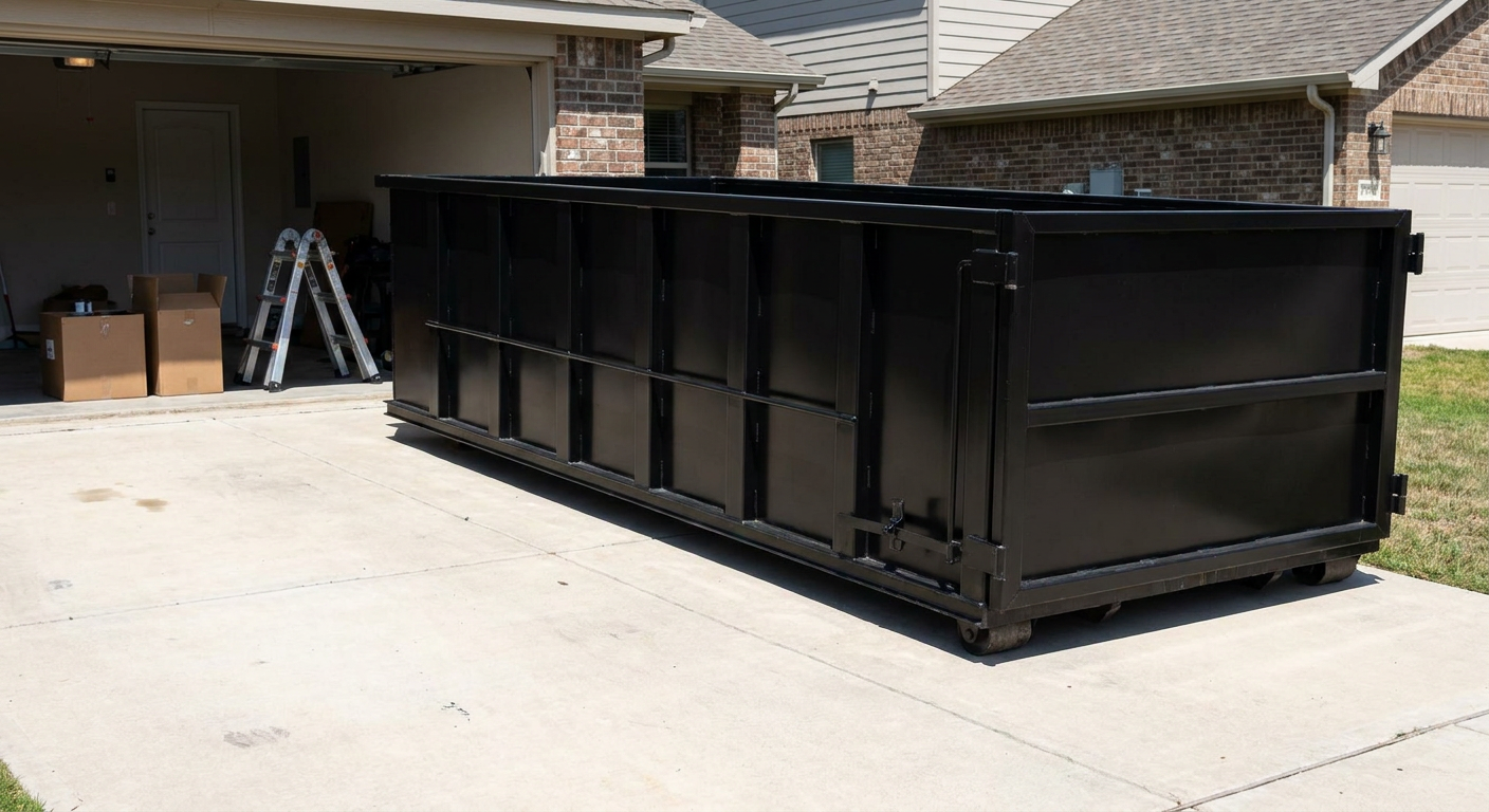 A matte-black 10-yard roll-off dumpster sitting directly on a residential Orem concrete driveway, mid-day sunlight, clean and ready for a garage cleanout.