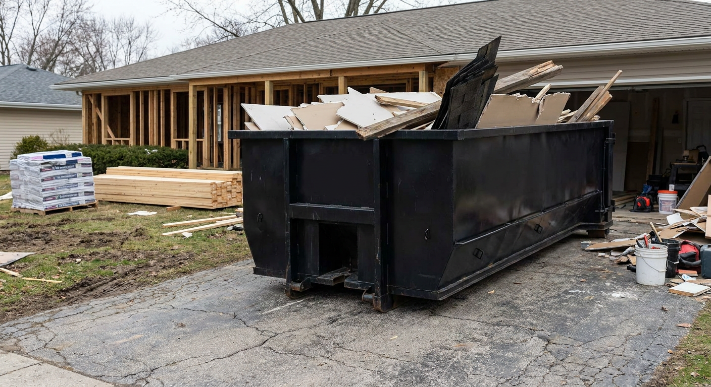 A matte-black 20-yard roll-off dumpster placed alongside a mid-renovation Orem home directly on the asphalt driveway, with framing materials and torn-off shingles staged neatly nearby.