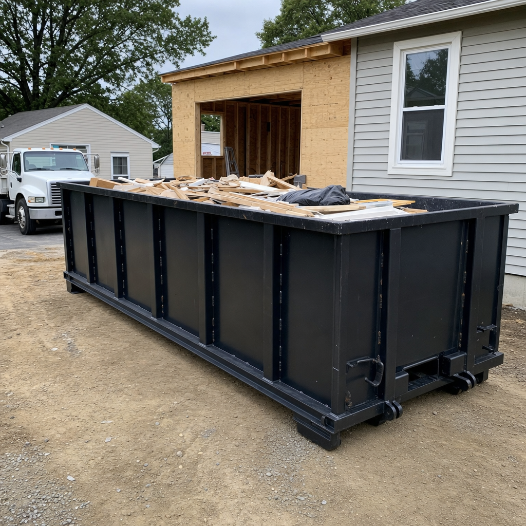 A matte-black 30-yard roll-off dumpster positioned at a Orem residential addition jobsite, with framing lumber and drywall scraps loaded through the open swinging rear doors.