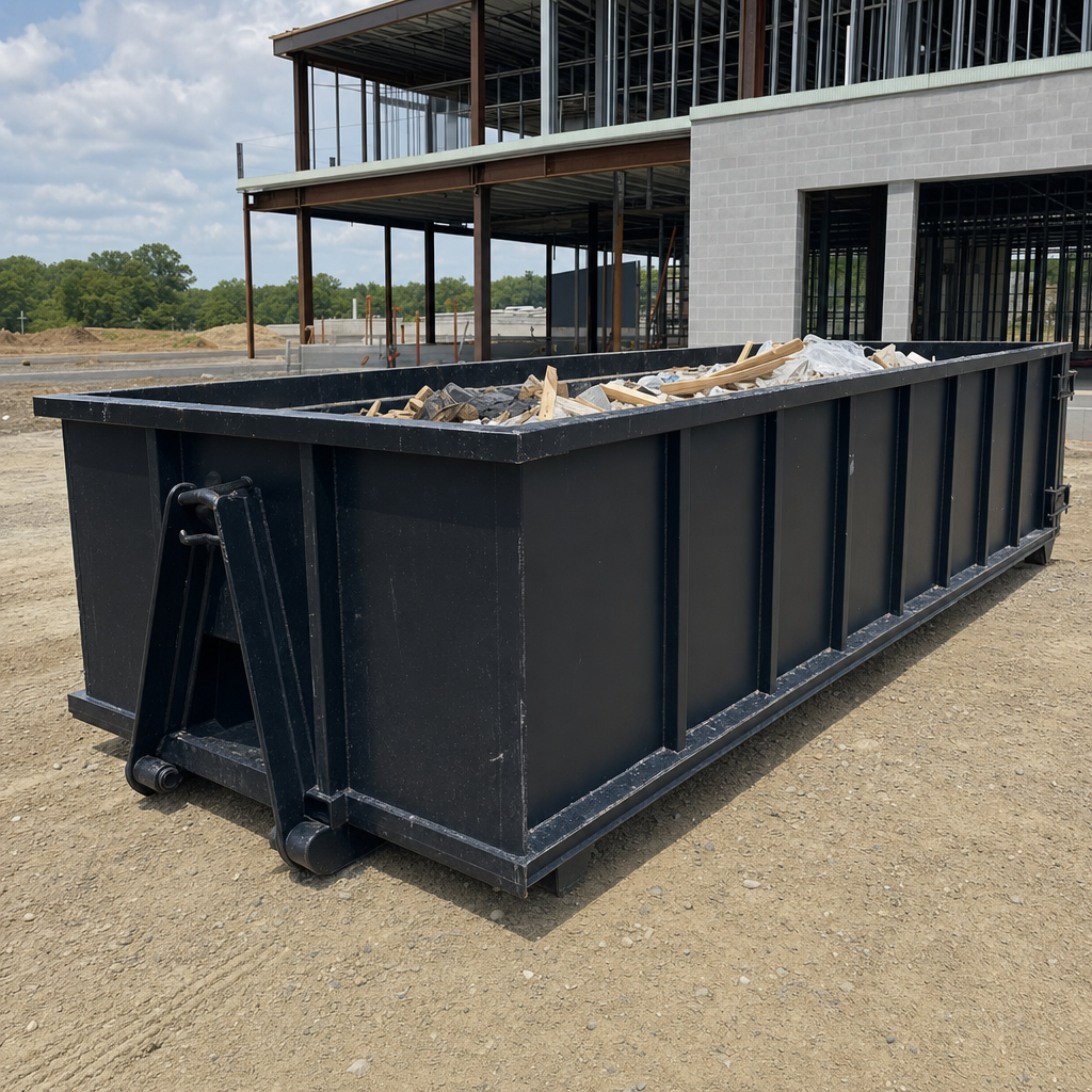 A matte-black 40-yard roll-off dumpster staged on a large Orem commercial construction lot, with a hooklift delivery truck parked alongside under bright midday sky.