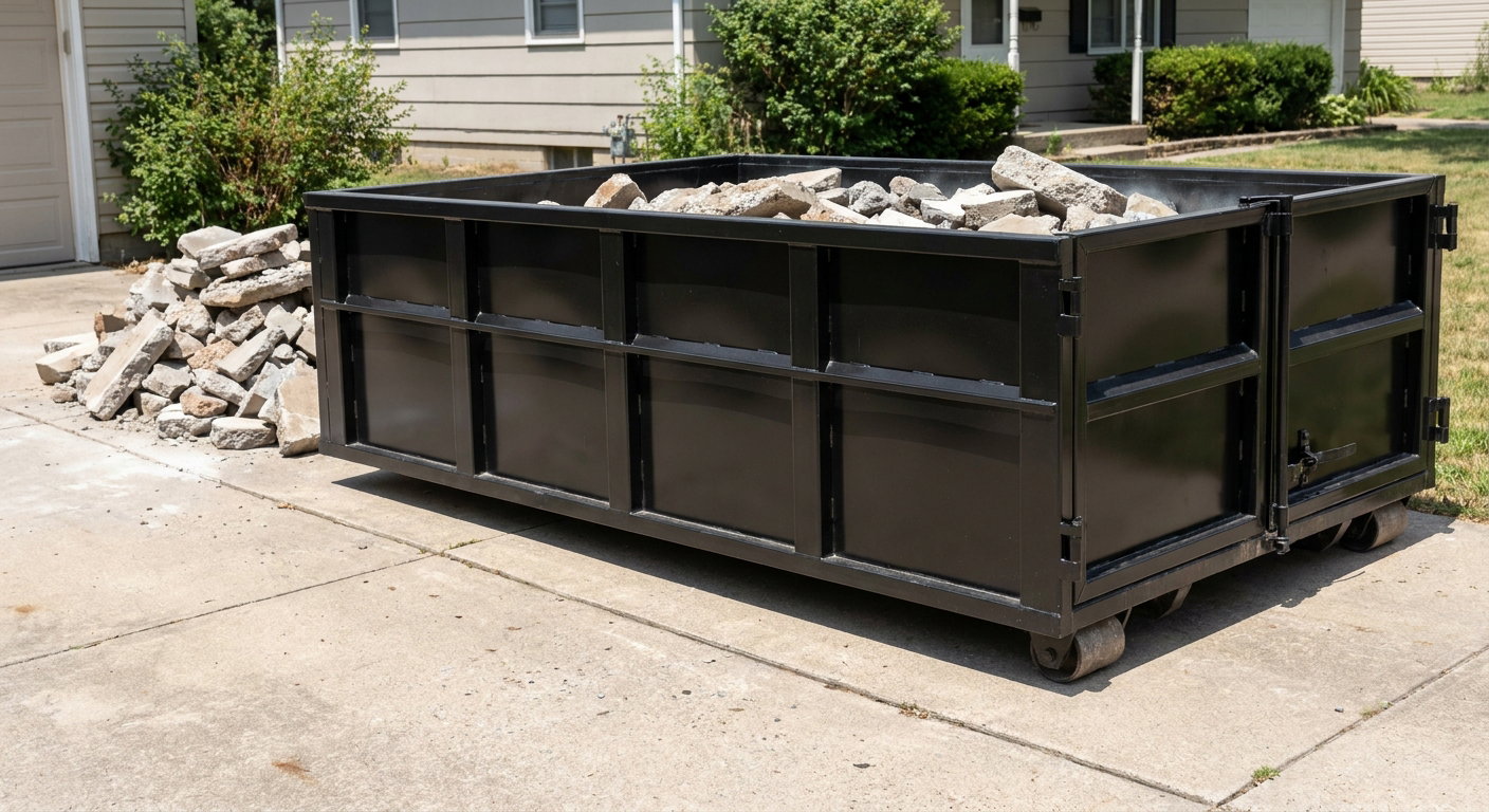 A matte-black low-side heavy-debris roll-off dumpster placed directly on a Orem concrete driveway, with broken concrete chunks neatly stacked beside it under clean daylight.
